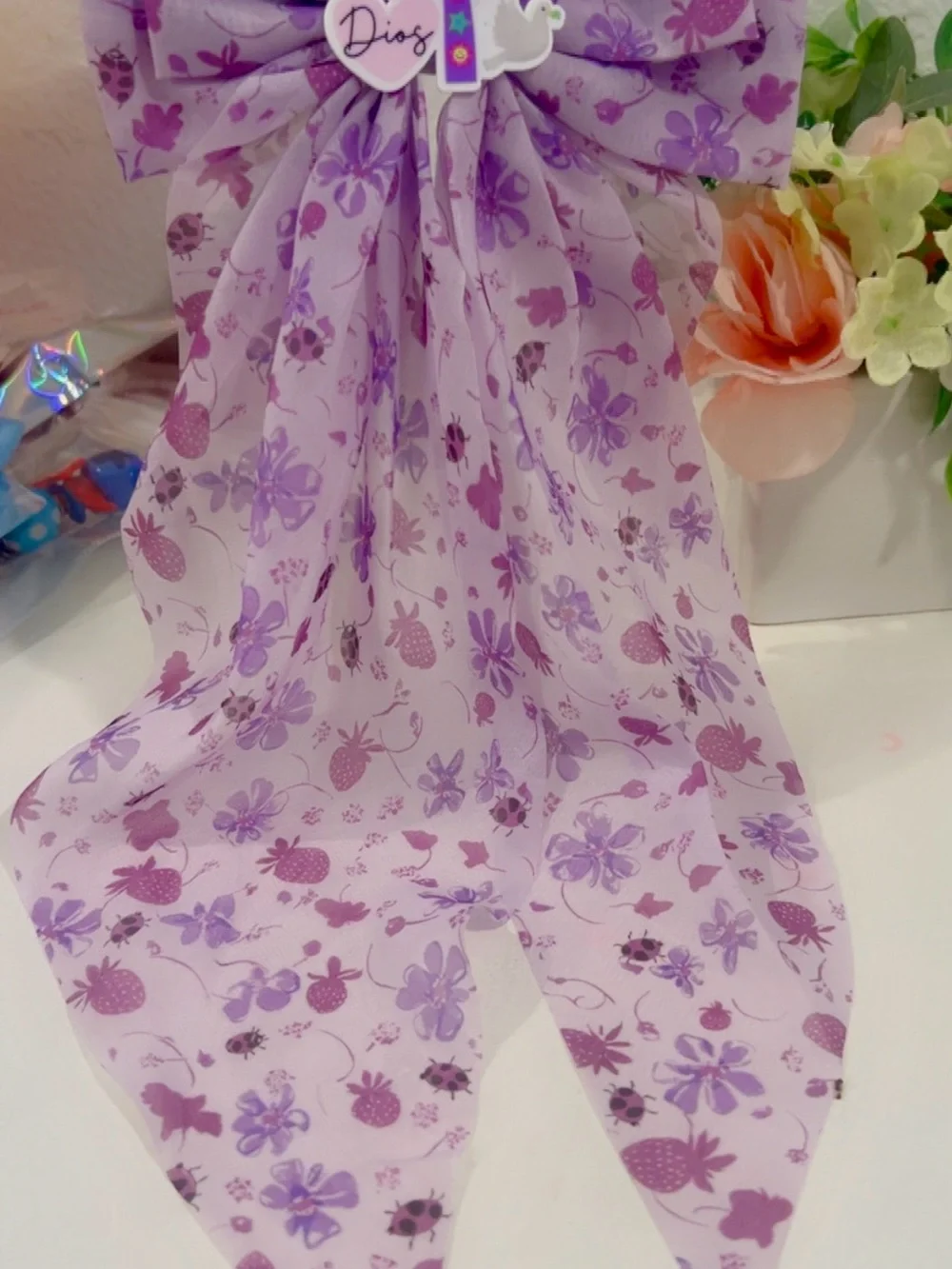Handmade Christian Lavender Floral Chiffon Hair Bow | God Cross Long Tail Bow